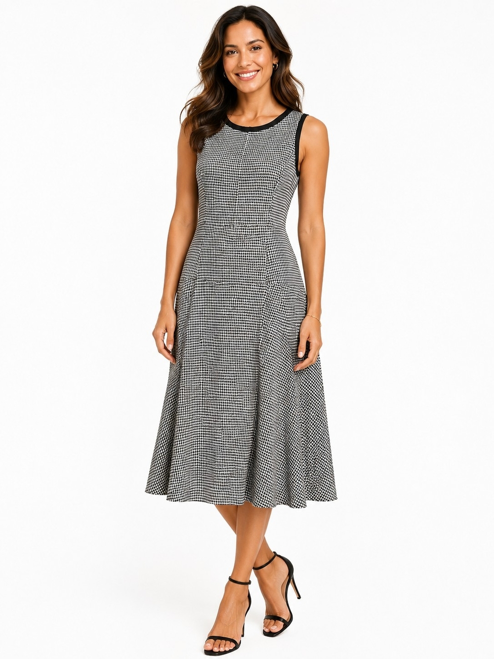 Anne Klein Black and White Houndstooth Sleeveless Midi Dress